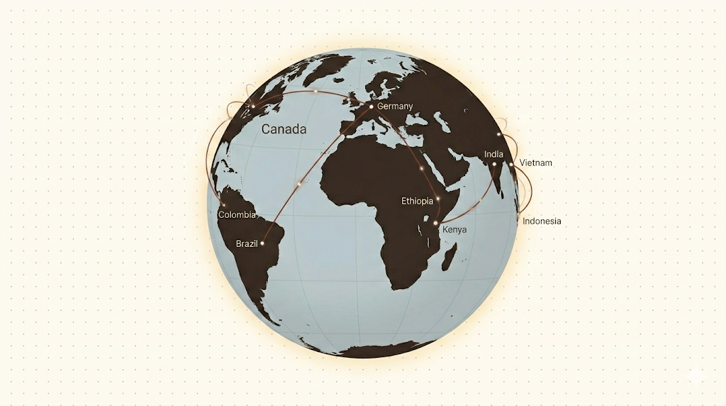 Globe showing global coffee supply chain routes